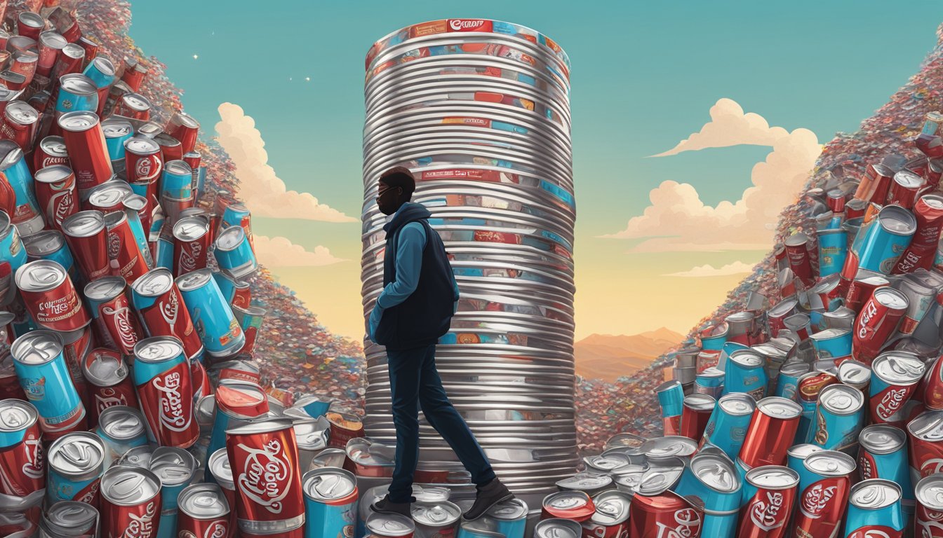 A towering stack of Dr Pepper Zero Sugar cans, overflowing from a recycling bin, with a person-sized silhouette standing nearby