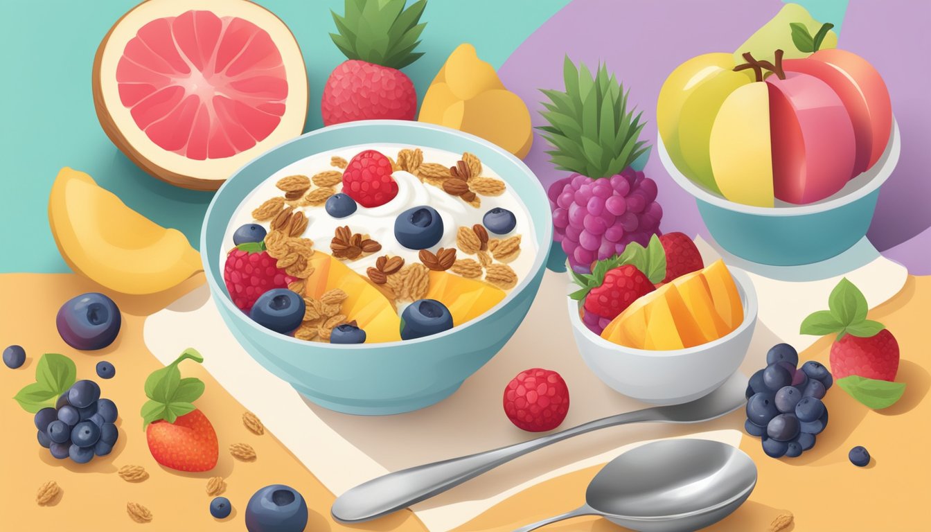 A bowl of yogurt surrounded by colorful fruits and granola, with a measuring cup showing the recommended serving size