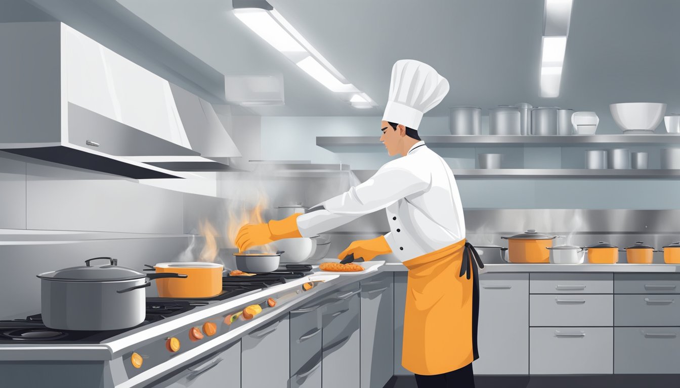 A chef wearing gloves prepares food in a clean, organized kitchen with proper ventilation and fire safety equipment