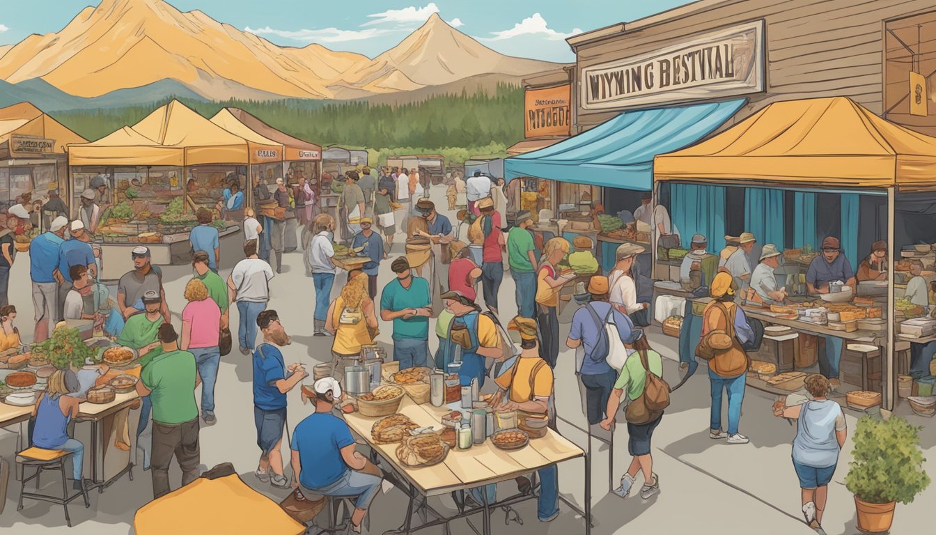 A bustling Wyoming food festival showcases local delicacies, with people eagerly sampling unique dishes and participating in challenging eating contests