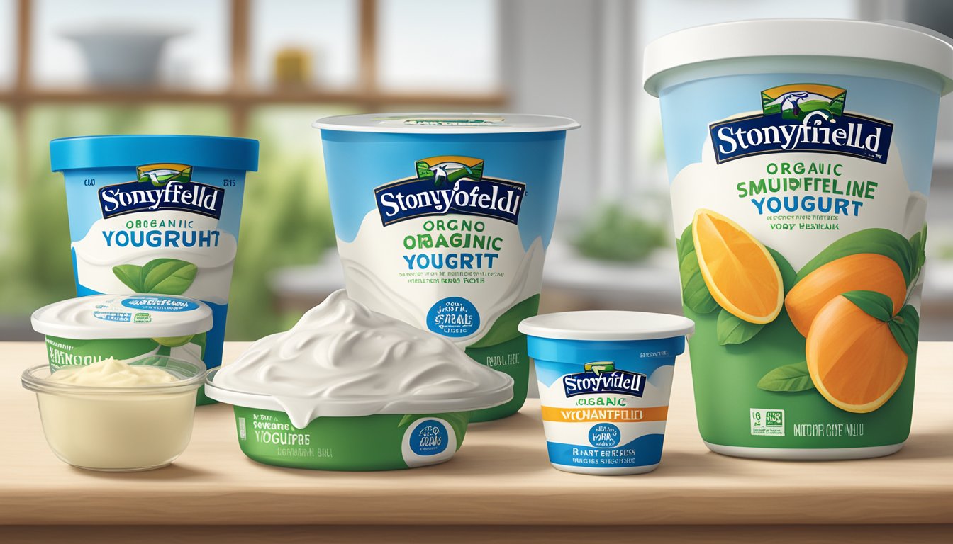 A table with multiple containers of Stonyfield organic yogurt, a measuring cup, and a nutrition label