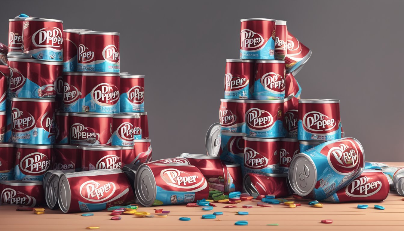 A towering stack of Dr Pepper Zero Sugar cans, overflowing onto the floor, with warning labels scattered around