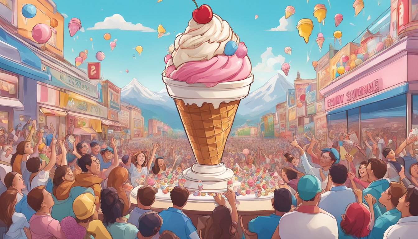 A towering ice cream sundae with mountains of toppings and a cherry on top, surrounded by cheering onlookers and a countdown timer