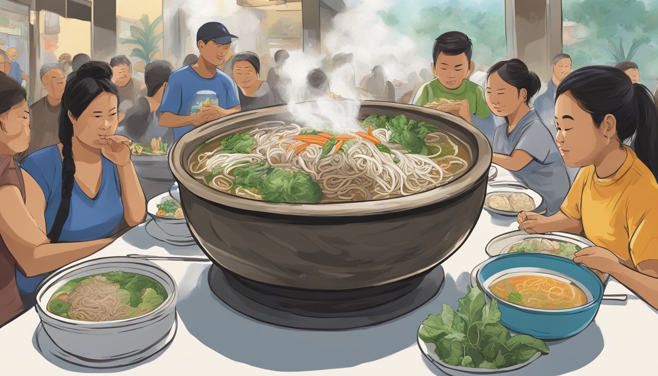 A steaming bowl of pho with towering stacks of ingredients, surrounded by onlookers at Mekong Restaurant's 'Pho-zilla Challenge' in Virginia