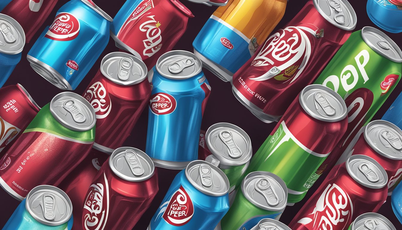 A table with multiple empty Dr Pepper Zero Sugar cans, surrounded by various other beverage options