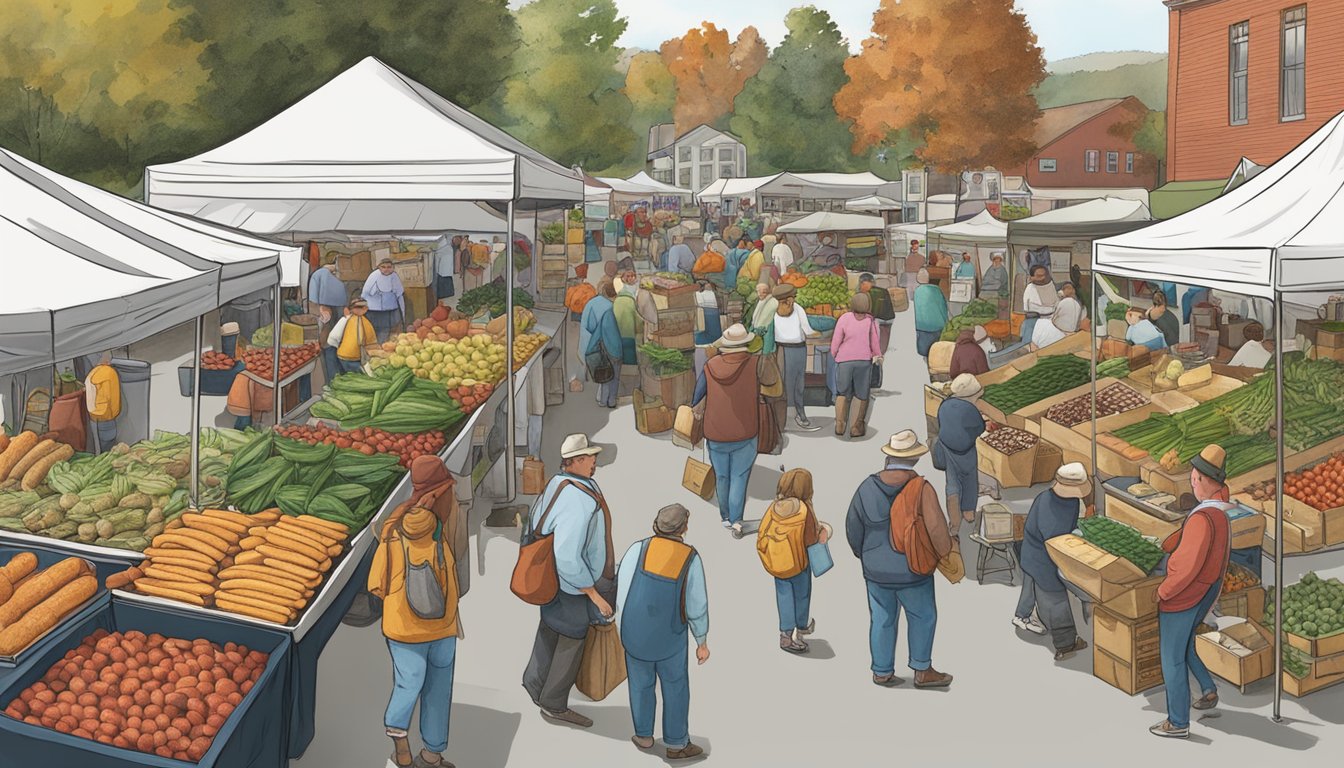 A bustling farmers' market in West Virginia, with vendors selling traditional Appalachian foods like ramps, pawpaws, and pepperoni rolls