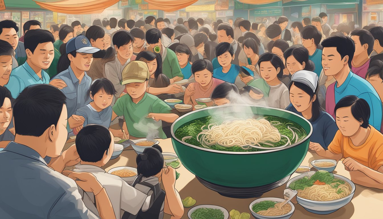 A steaming bowl of XXL Pho Challenge surrounded by onlookers at Dong Thap Noodles, Washington