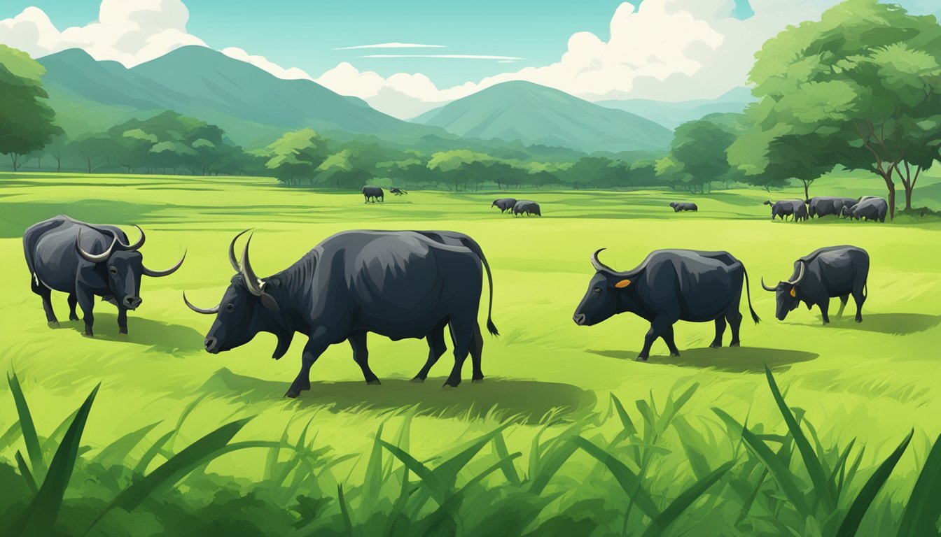 A group of carabaos grazing in a lush green field, with a farmer in the background observing them