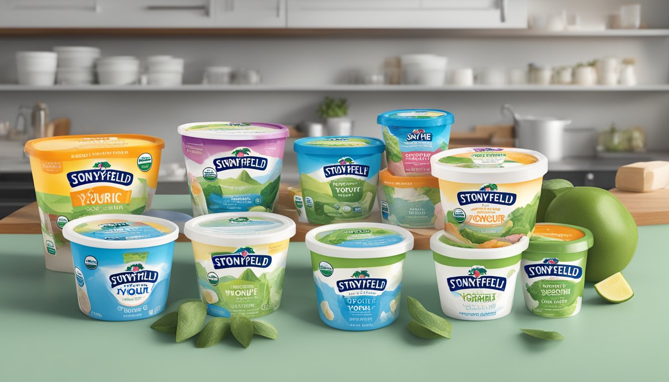 A table with multiple containers of Stonyfield organic yogurt, some empty, some partially consumed