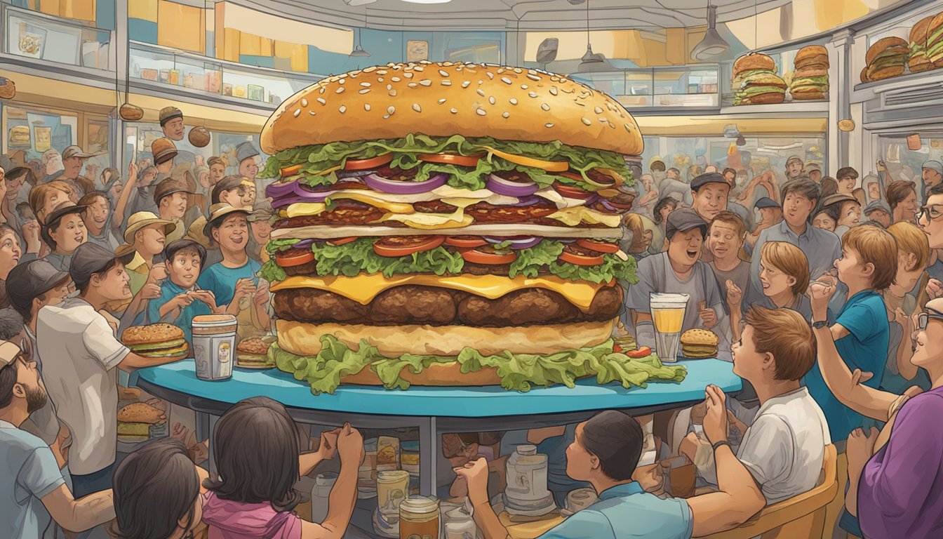 A towering, monstrous burger with multiple patties, layers of cheese, and overflowing toppings, surrounded by a crowd of onlookers at The Nifty Nook