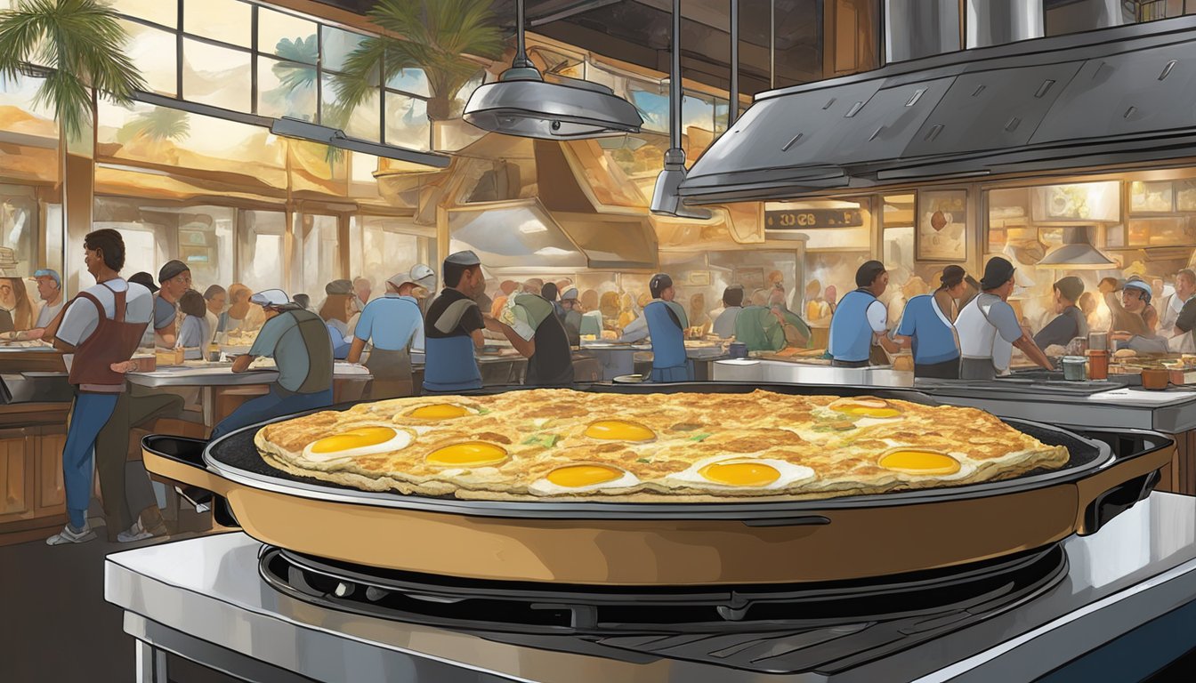 A massive 12-egg omelette sizzling on a hot griddle at Hash House a Go Go, surrounded by a bustling restaurant atmosphere