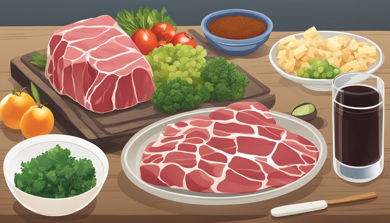 A table set with various food items, including carabao meat, next to a dietary guideline chart