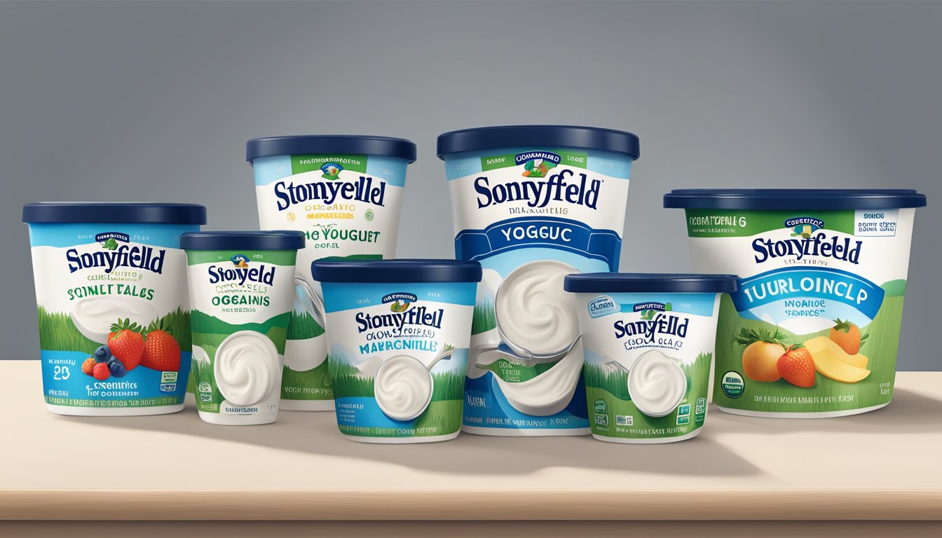 A table with multiple containers of Stonyfield organic yogurt, some empty, some full, along with a measuring cup and a nutrition label