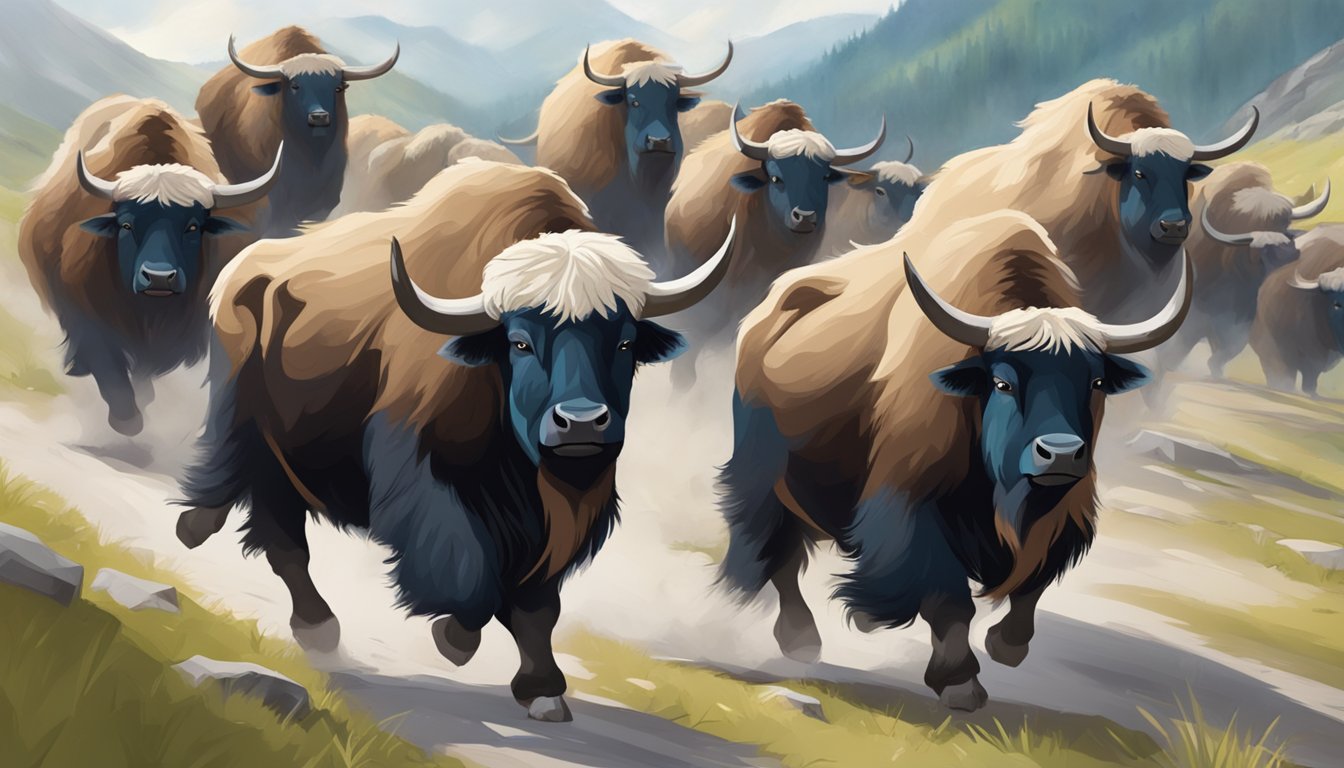 A group of aggressive Himalayan yaks charging towards a food challenge set up in a Virginia restaurant