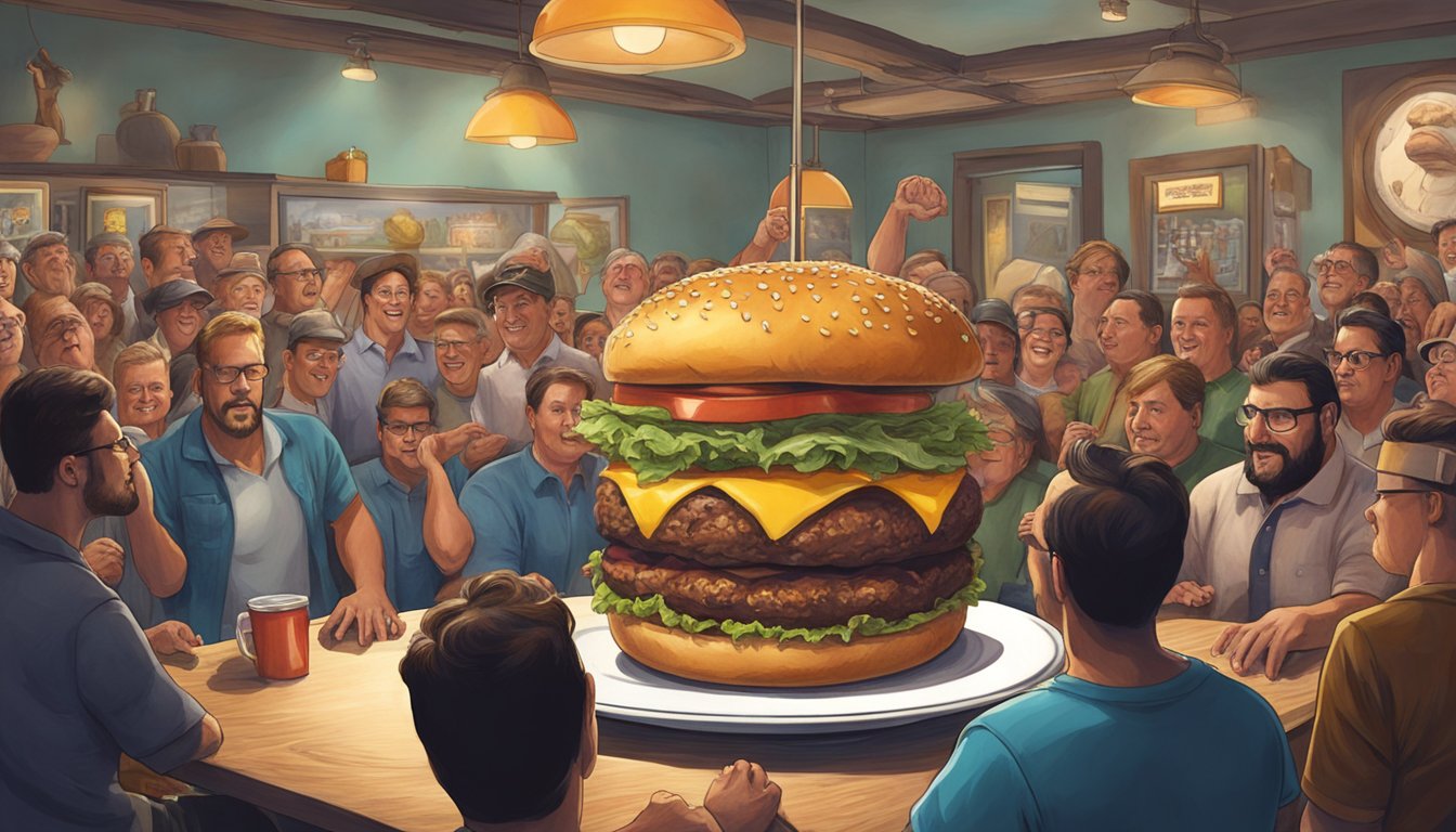 A towering Manimal Burger sits on a platter, surrounded by a crowd of onlookers at The Man Cave