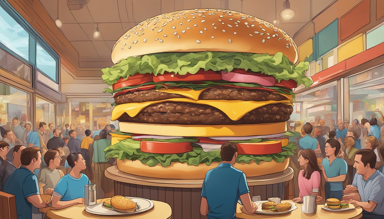 A towering burger with multiple patties, cheese, and toppings, surrounded by a crowd of onlookers in a lively restaurant setting