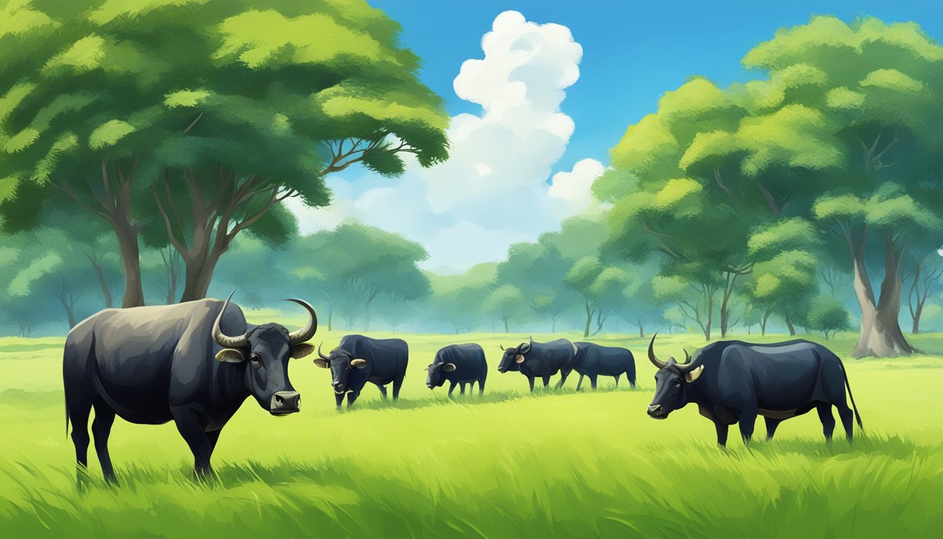 A group of carabaos grazing in a lush green field, with a clear blue sky in the background