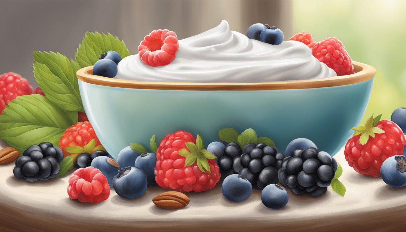 A bowl of Stonyfield organic yogurt topped with fresh berries, nuts, and honey