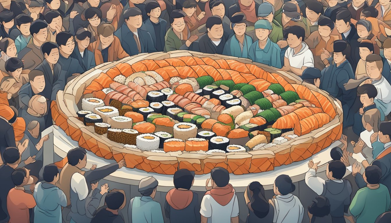 A massive sushi roll surrounded by cheering spectators at Sushi on Rays, with a timer ticking down