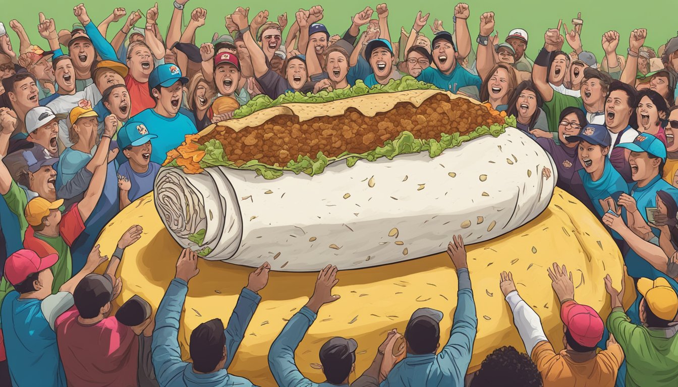 A giant burrito surrounded by cheering spectators at the Mad Taco Burrito Challenge in Vermont