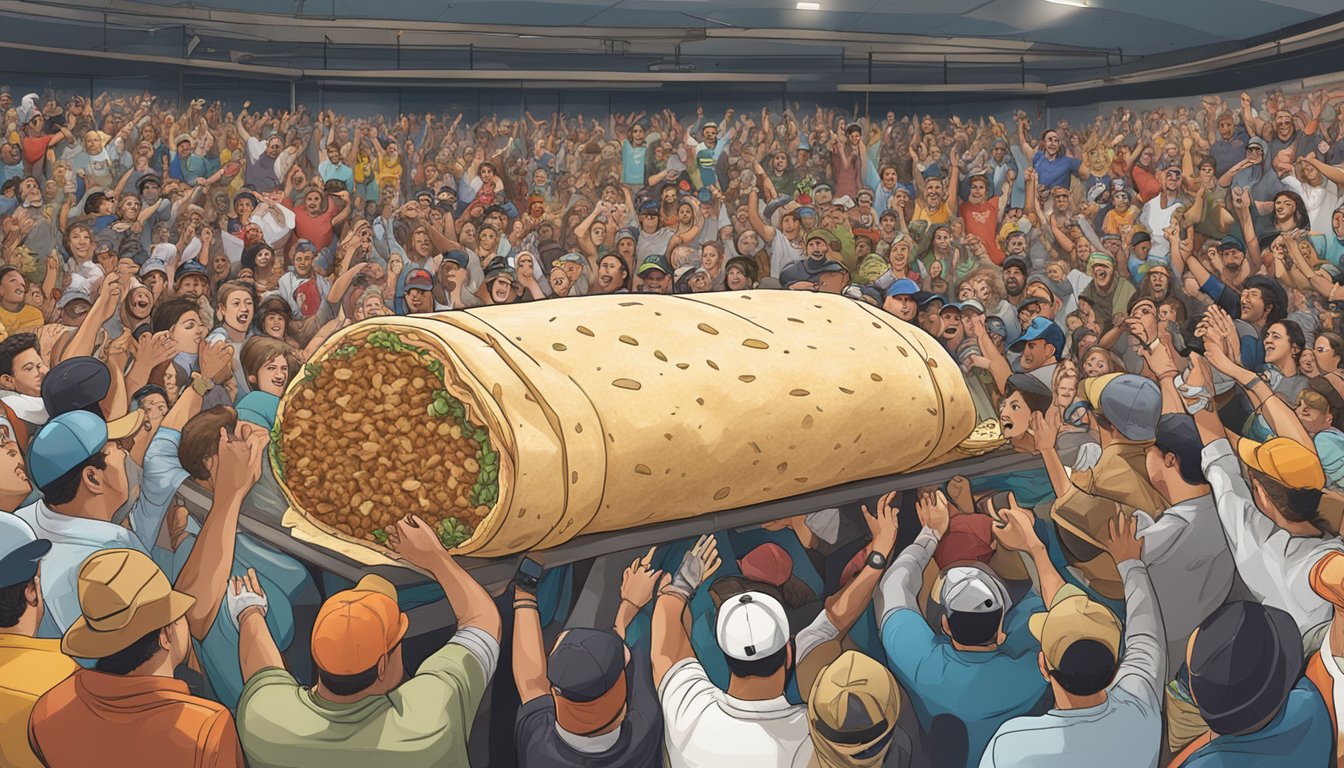 A massive burrito surrounded by cheering spectators at Mega Burrito, Virginia