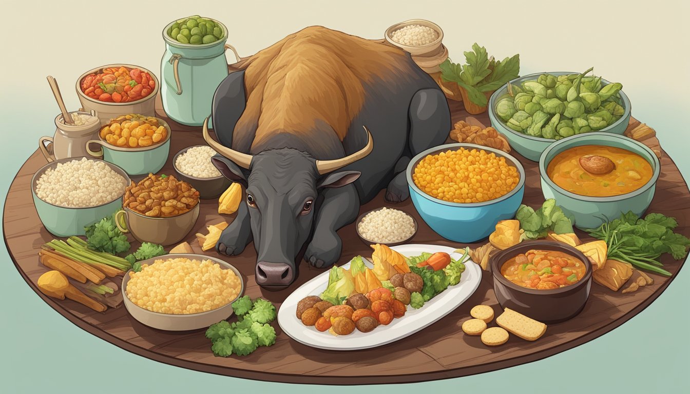 A table with various food items: one carabao surrounded by smaller portions of other foods