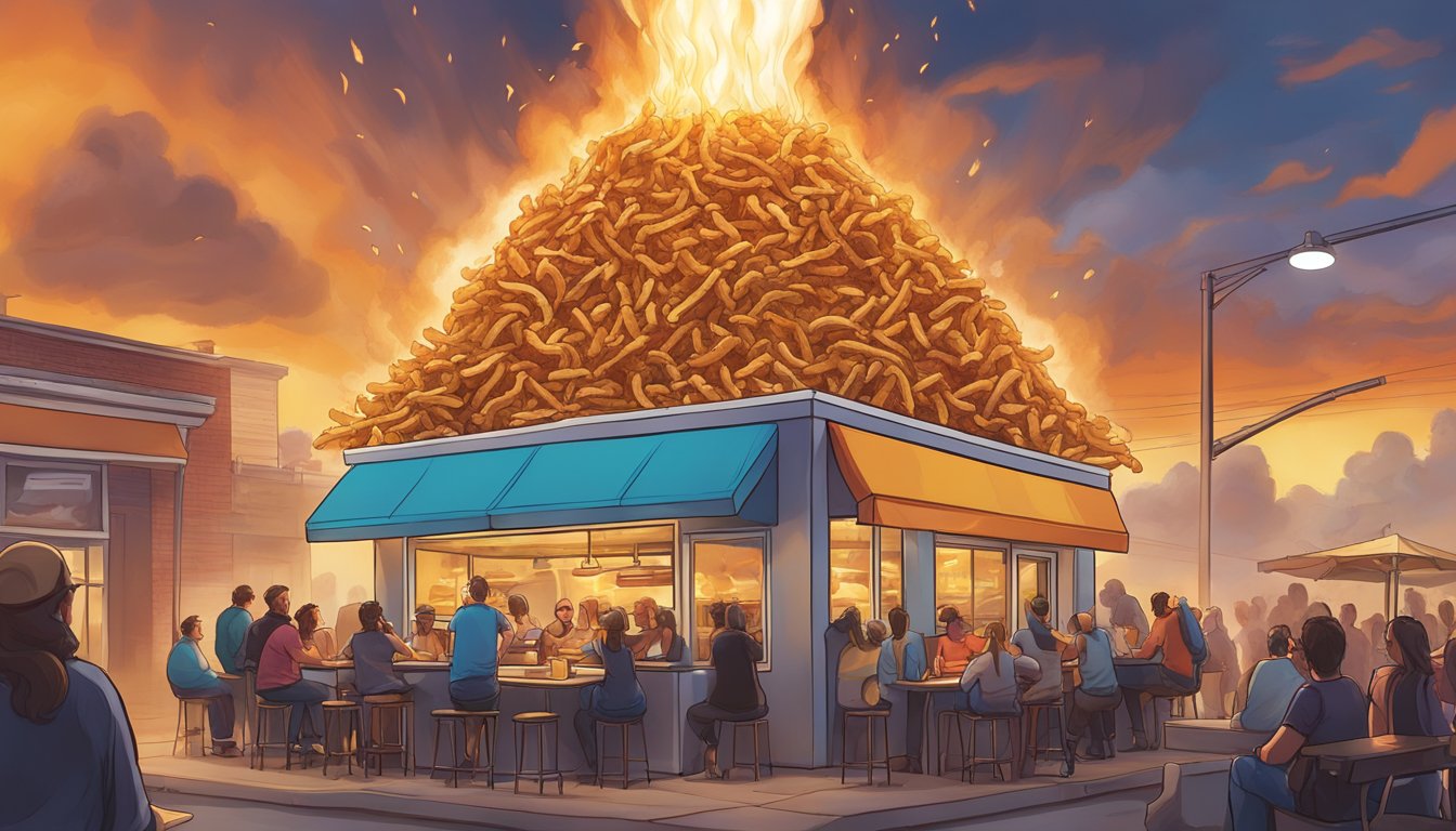 A towering Inferno Poutine Challenge dish at Zippy's Giant Burgers, surrounded by onlookers, steam rising from the sizzling hot toppings