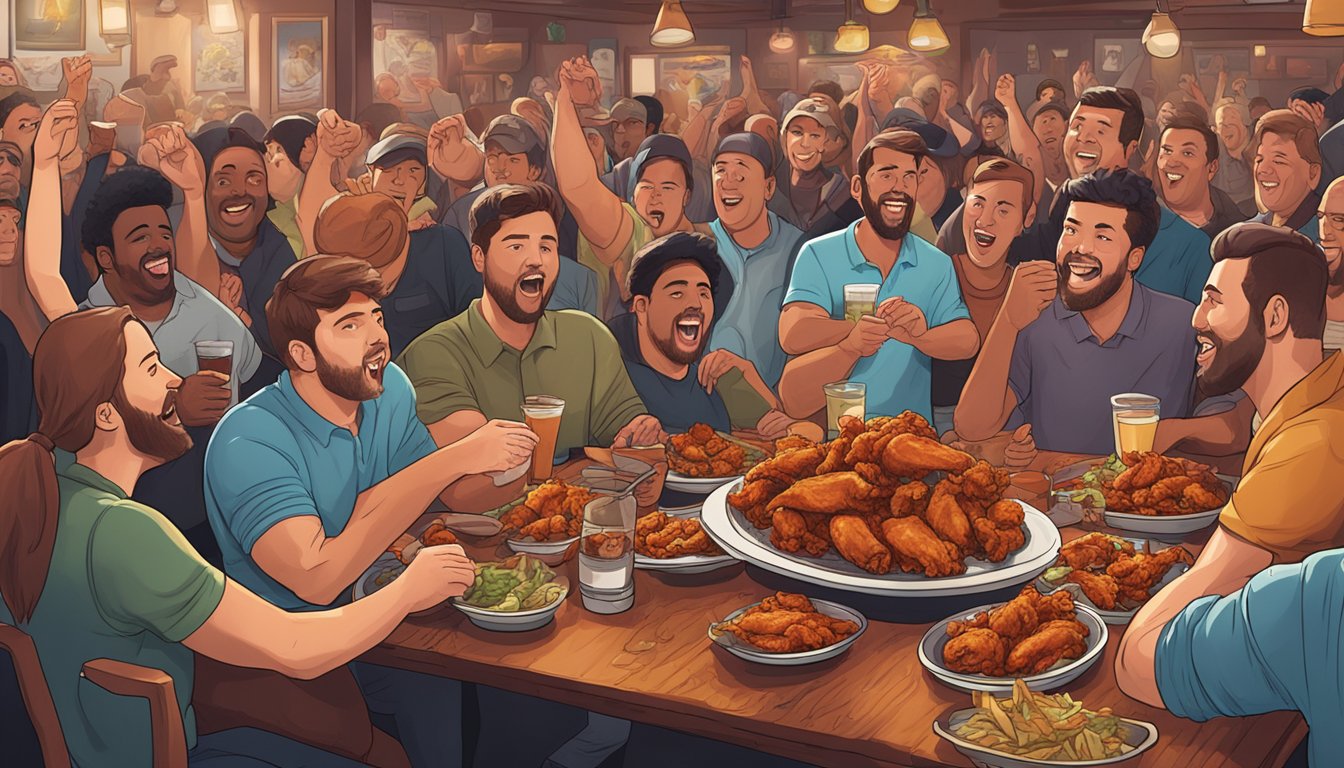 A crowded bar with plates of spicy wings piled high, patrons cheering on a brave soul attempting the Mule Bar Wing Challenge