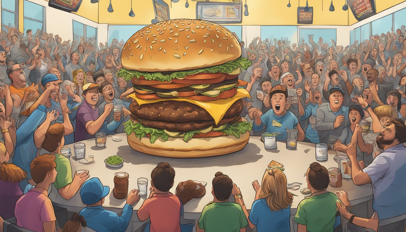 A towering burger surrounded by cheering spectators at The Joint's 'Monster Burger Challenge.'