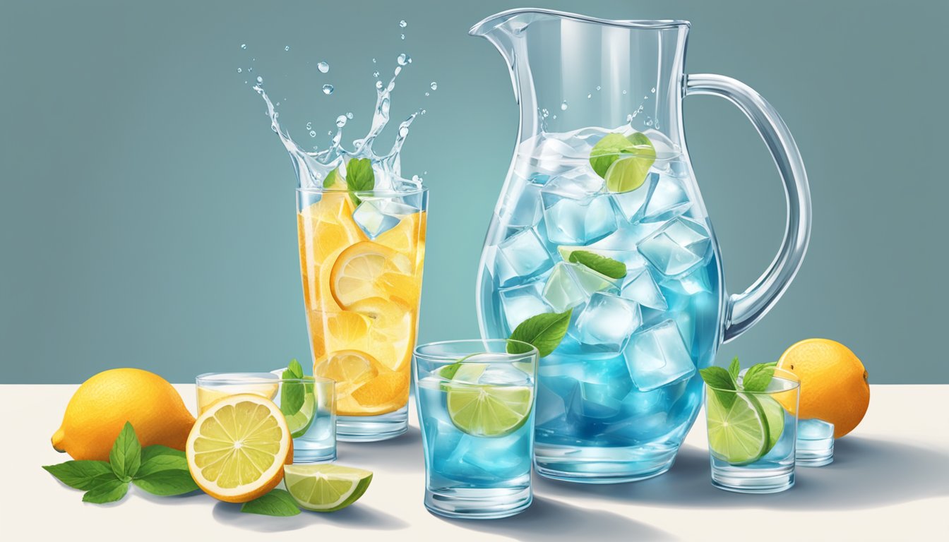 A pitcher overflowing with Splash Refresher Flavored Water, surrounded by empty glasses