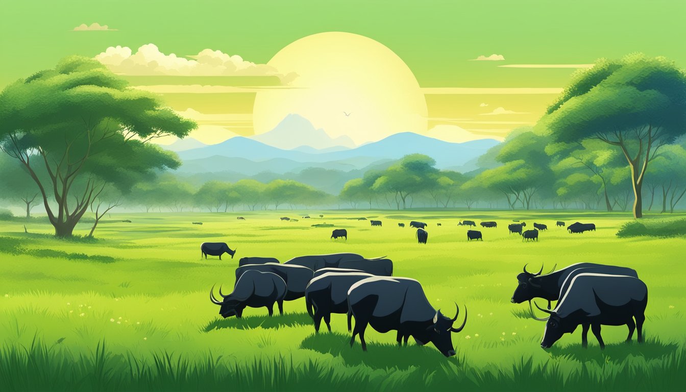 A lush green field with a herd of carabaos grazing peacefully under a bright blue sky