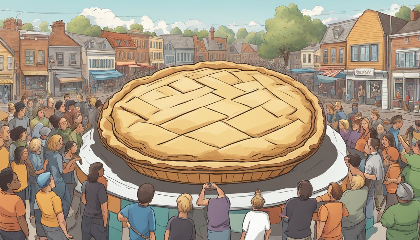 A giant pie towering over a small town, with people gathered around watching a brave soul attempt the Man vs Pie challenge