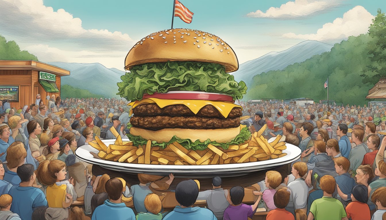 A towering 11-patty burger sits on a plate, surrounded by mountains of fries and a crowd of onlookers at The Greene Turtle in Virginia