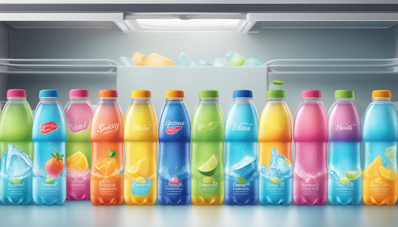 A colorful array of Splash Refresher flavored water bottles, overflowing from a fridge shelf, with condensation glistening on the packaging