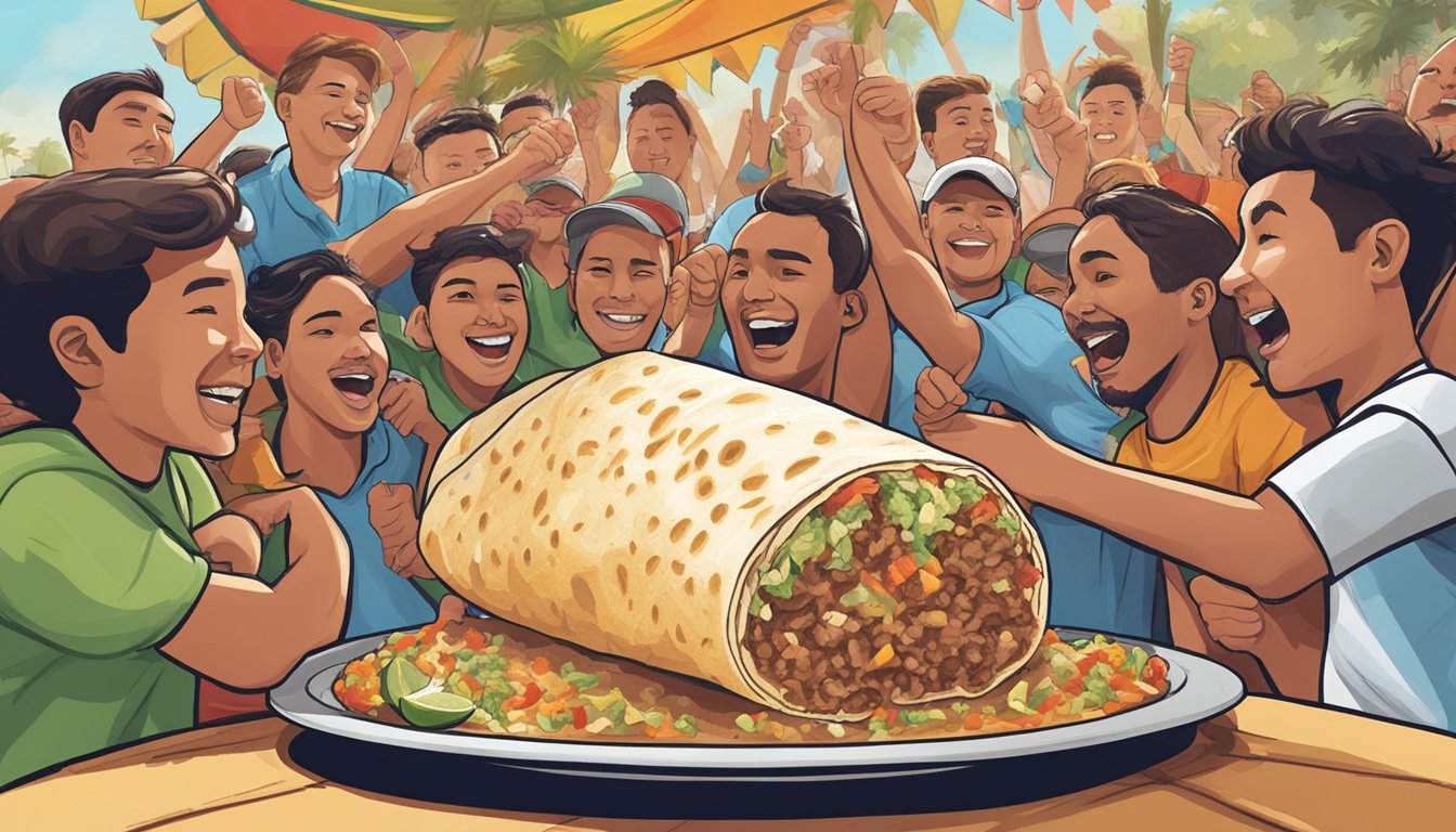 A massive 5-pound burrito sits on a plate at El Paraiso Mexican Grill, surrounded by cheering onlookers