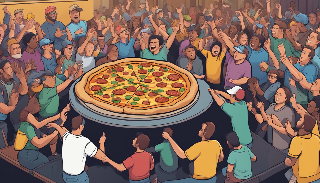 A massive triple XL pizza sits on a table at Stone Lounge, surrounded by cheering spectators and a timer set for the challenge