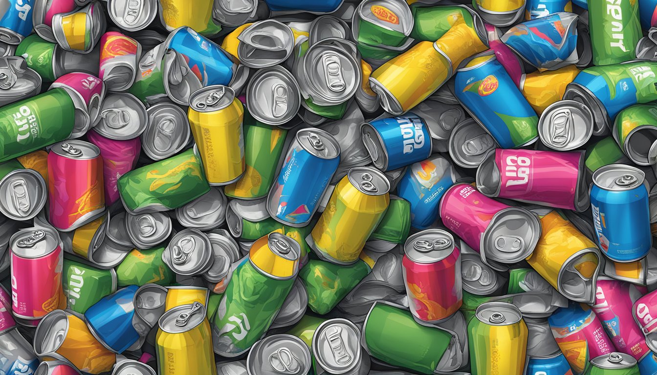 A table with multiple empty C4 Energy Drink cans scattered around, surrounded by crumpled packaging and a sense of excess