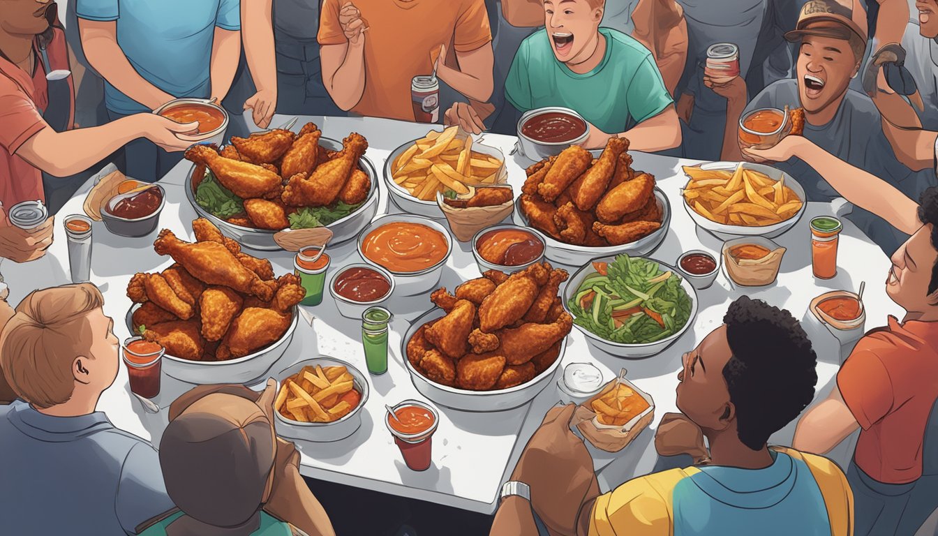 A table piled high with spicy chicken wings and various dipping sauces, surrounded by cheering spectators at the Waterbury Wings Challenge in Vermont