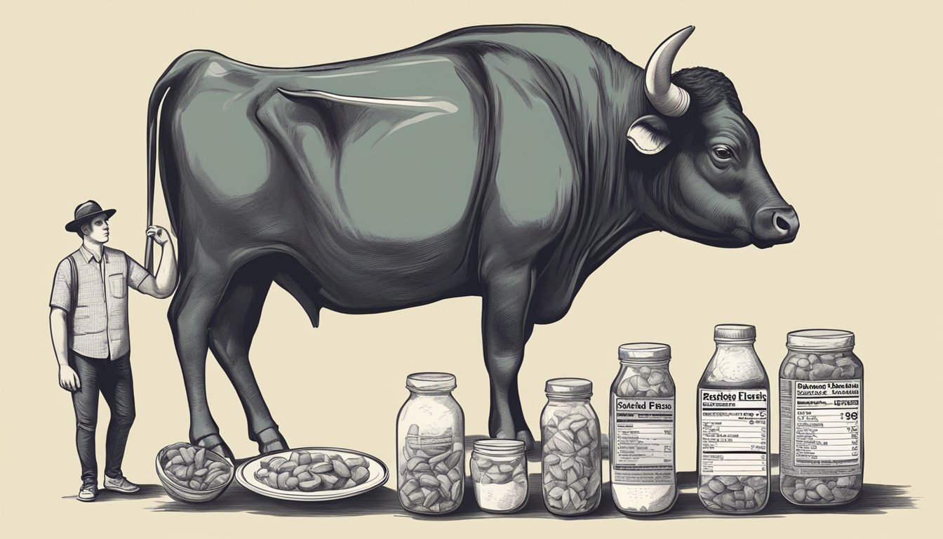 A table with various food labels, a large carabao, and a person pondering portion sizes