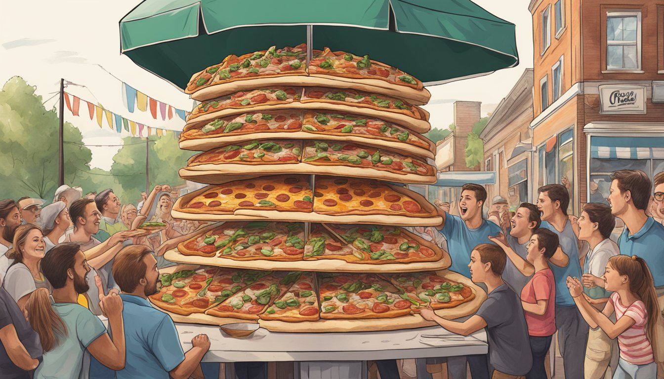 A towering pizza stacked with various toppings, surrounded by cheering onlookers at Bottoms Up Pizza in Virginia