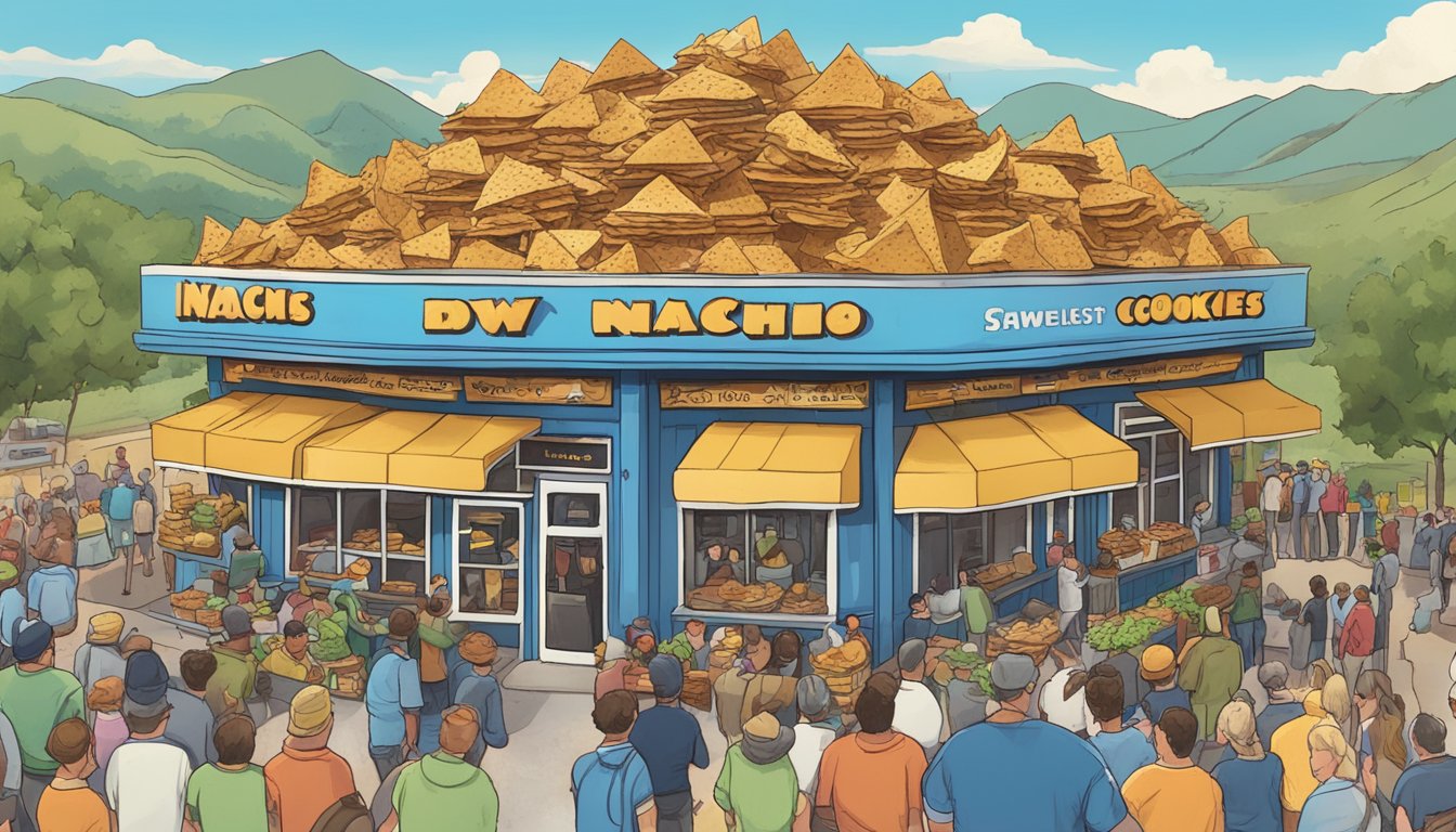 A mountainous plate of loaded nachos towers over a small town, surrounded by a crowd of onlookers at Cow Chip Cookies