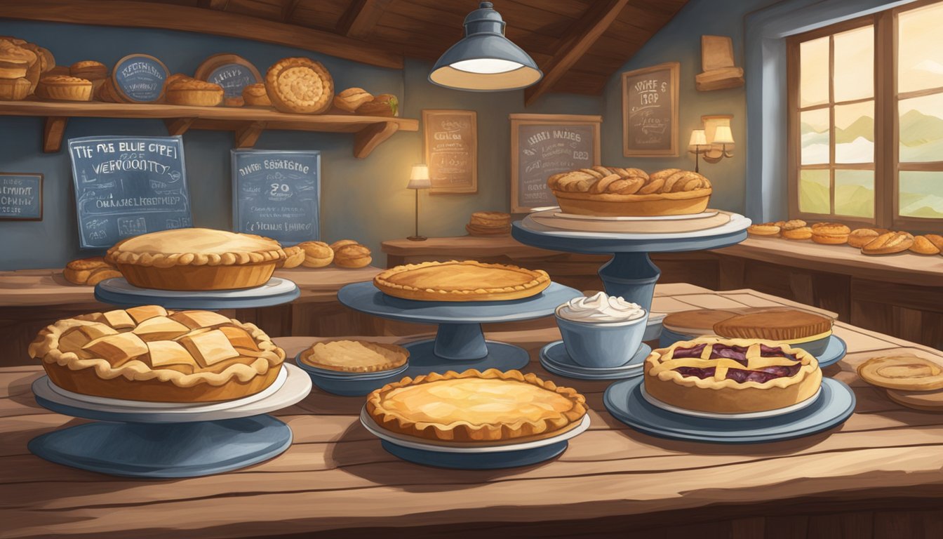 A rustic wooden table displays a variety of oversized pies with a sign for "The Blue Stone's Pie Society Vermont Food Challenges" in a cozy bakery setting