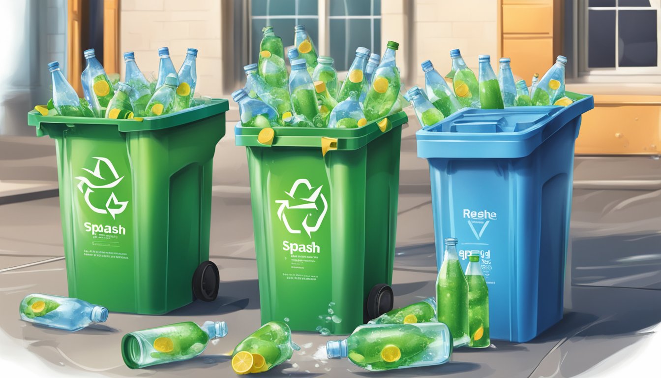 A table covered in empty bottles of Splash Refresher flavored water surrounded by overflowing recycling bins