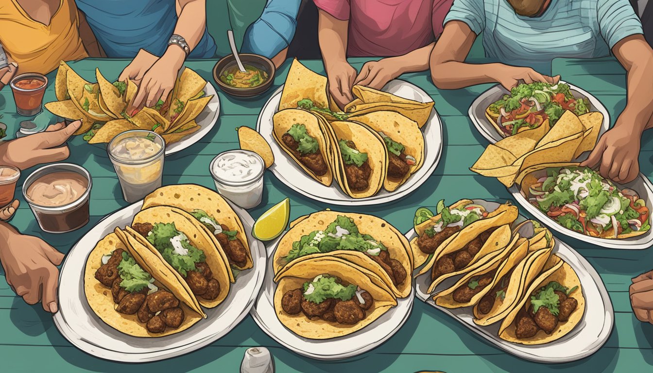 A table filled with eight different types of tacos, surrounded by cheering spectators at Poquitos in Washington