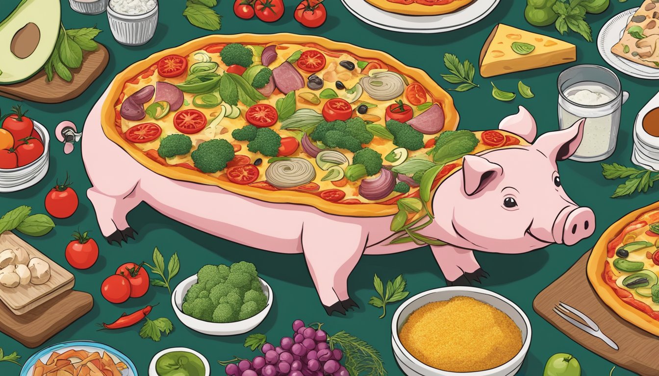 A pig-shaped pizza stone topped with Vermont food challenge ingredients