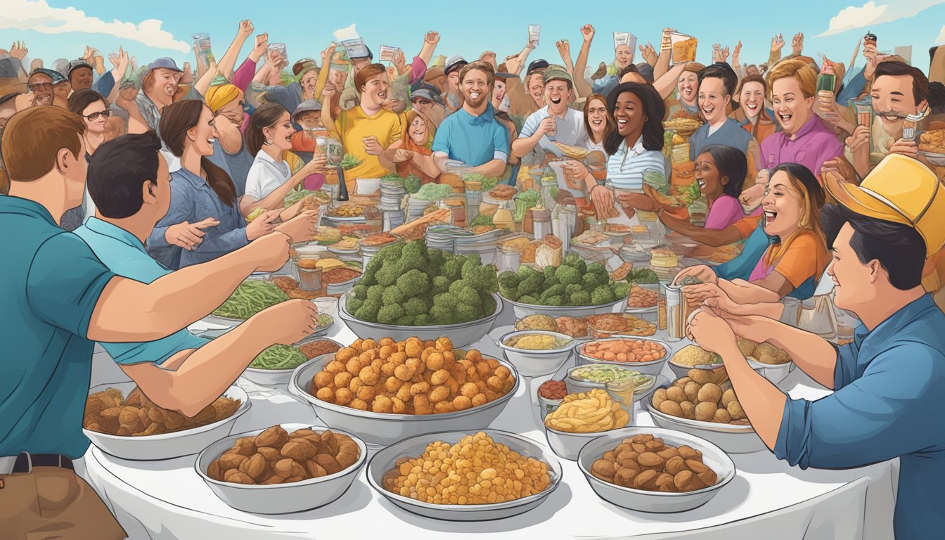 A table filled with iconic Virginia foods, surrounded by eager contestants and cheering spectators at a lively food challenge event