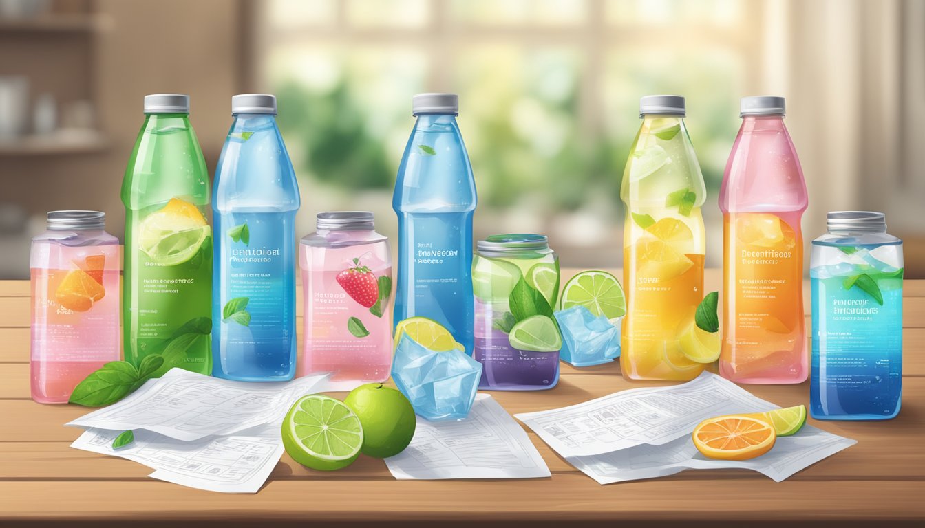 A table with multiple empty bottles of Splash Refresher flavored water, surrounded by scattered papers with nutritional information and serving sizes