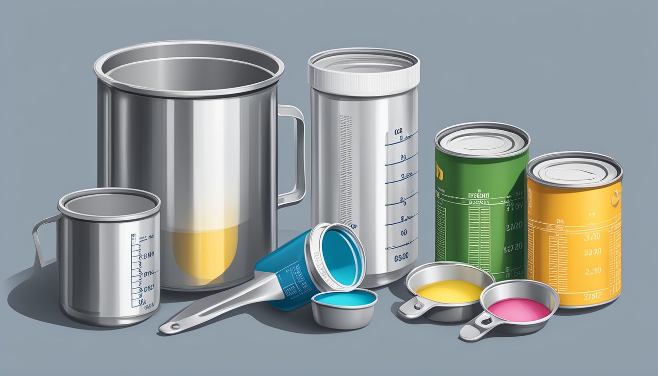 A table with multiple Nocco cans, a measuring cup, and a calculator, indicating the process of measuring and calculating servings