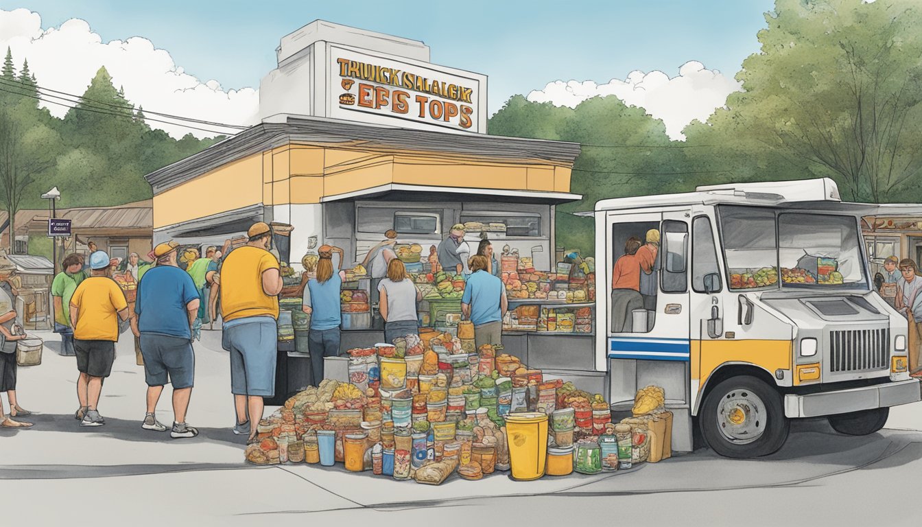 A large bucket overflowing with food challenges sits outside P&H Truck Stop in Vermont, surrounded by eager onlookers