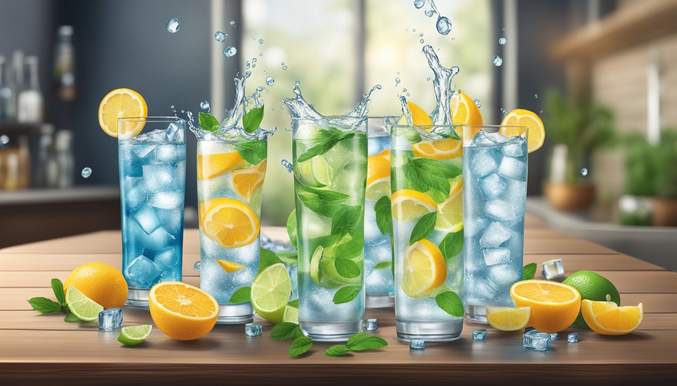 A table with multiple glasses of Splash Refresher flavored water, some overflowing, surrounded by empty bottles